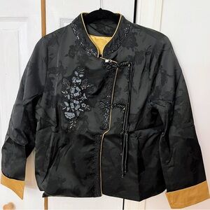 Black Embroidered Satin Mandarin Collar Jacket with Gold Trim